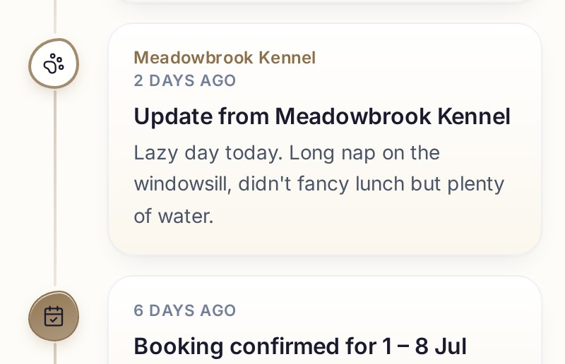 A customer's portal timeline showing a caring update about their pet